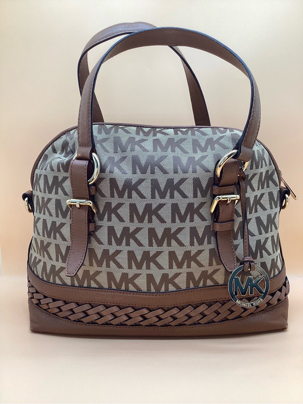 Beautiful Vintage Michael Kors Brown Dome Satchel with Braided Leather Detail